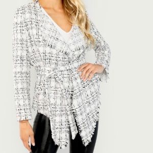 Frayed Trim Belted Tweed Coat